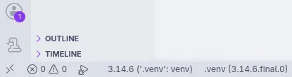 Rodapé do Visual Studio Code, em que se vê o ambiente virtual criado no caminho ".venv".