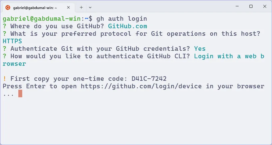 Terminal do WSL, em que se executa o comando para autenticar no GitHub CLI.