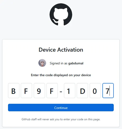 Página de autenticação por código do GitHub. No campo de texto se digita o código fornecido previamente pelo terminal.