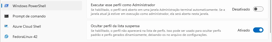Configurações do perfil "Windows Powershell", em que a opção de escondê-lo está ativa.