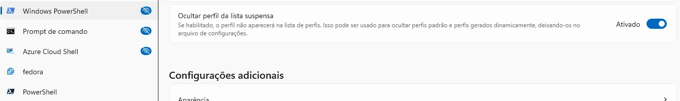 Configurações do perfil "Windows Powershell", em que a opção de escondê-lo está ativa.