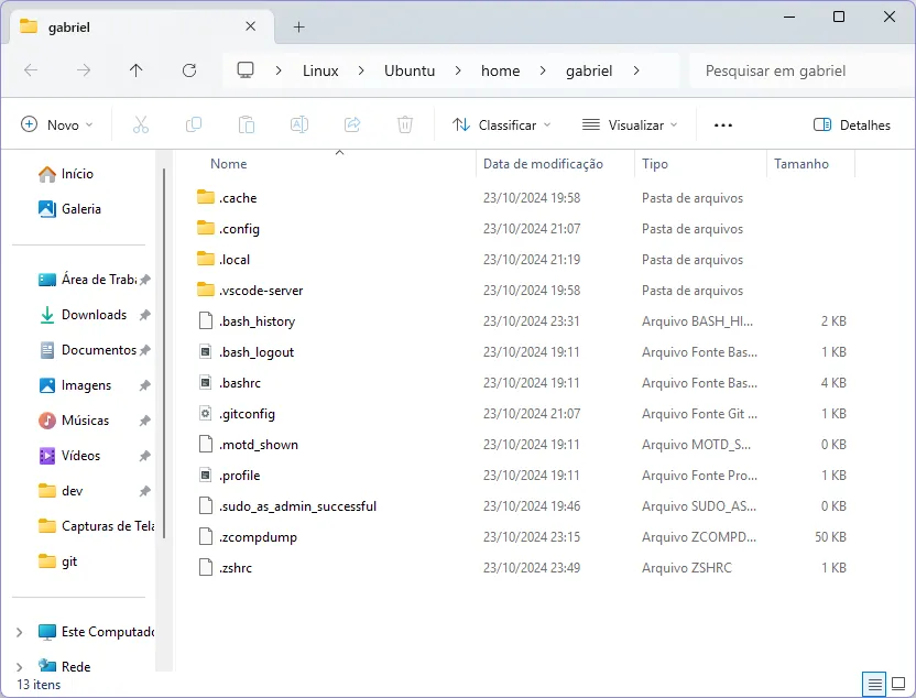 Explorador de Arquivos do Windows aberto na pasta "Linux\Ubuntu\home\gabriel".