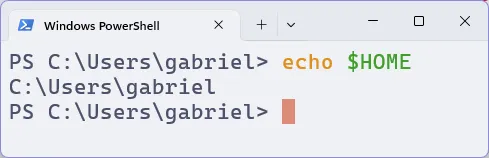 Terminal do PowerShell, em que se executa o comando "echo $HOME". A resposta é "C:\Users\gabriel".