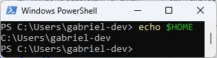 Terminal do PowerShell, em que se executa o comando "echo $HOME". A resposta é "C:\Users\gabriel-dev".