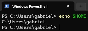 Terminal do PowerShell, em que se executa o comando "echo $HOME". A resposta é "C:\Users\gabriel".