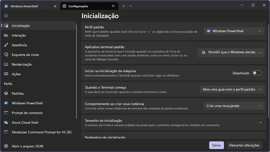 Janela de configurações do Windows Terminal, em que está aberta a primeira tela, referente a "Inicialização".