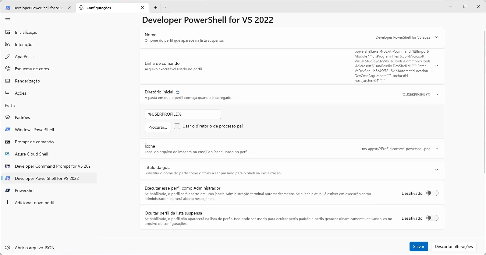 Janela de configurações do Windows Terminal para o perfil "Developer PowerShell for VS 2022". A opção "Diretório inicial" está selecionada, e o valor "%USERPROFILE%" está inserido.