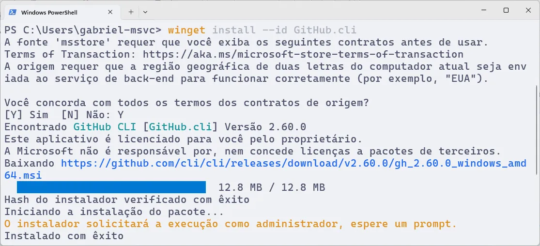 Terminal do PowerShell, em que se executa o comando para instalar o GitHub CLI.