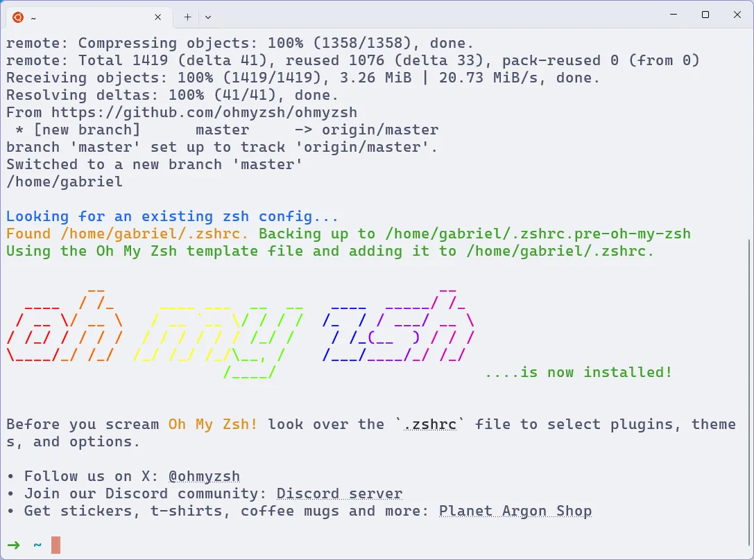 Terminal do Ubuntu WSL, em que se executa o script de instalação do Oh My Zsh.