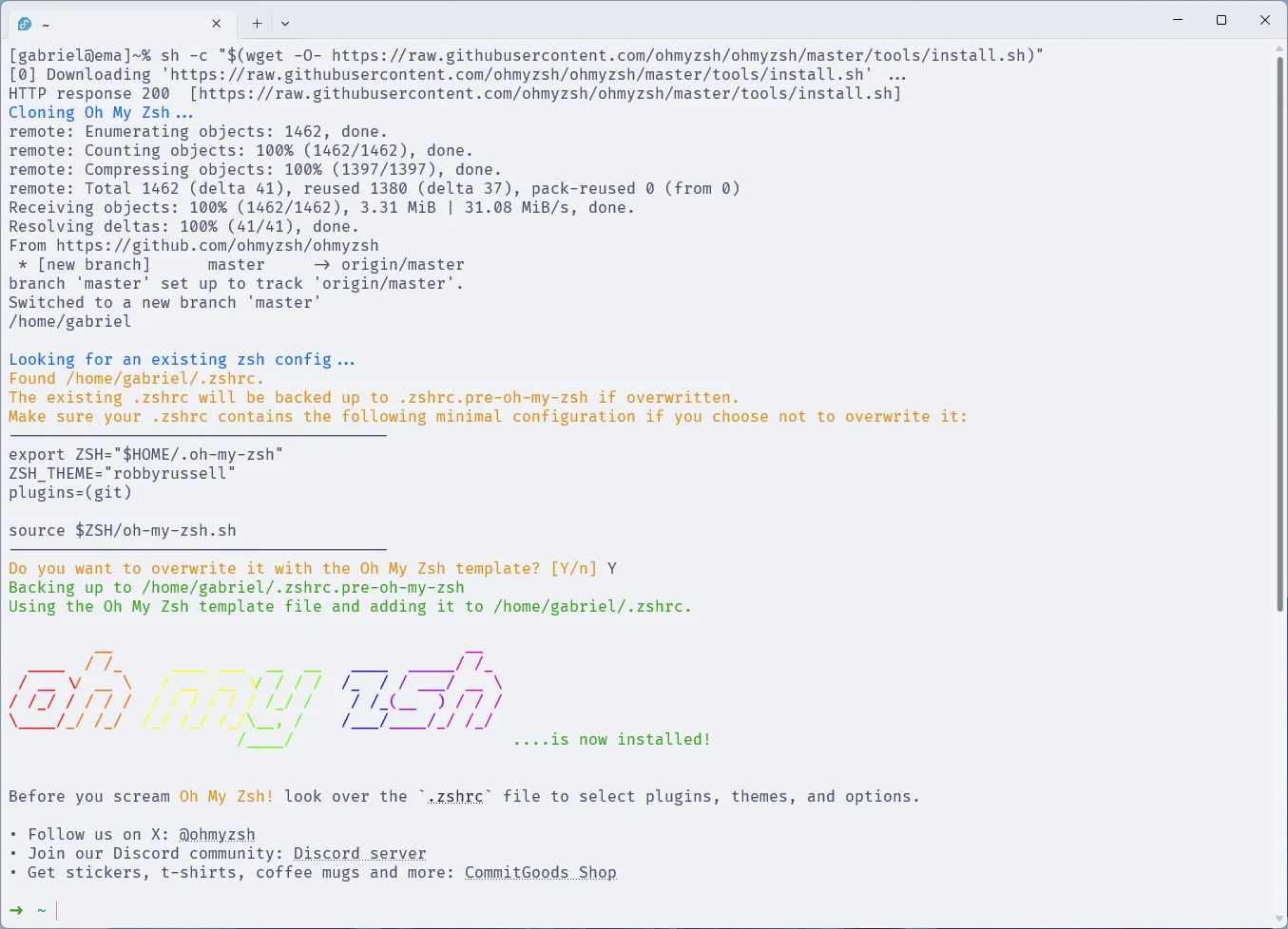 Terminal do Fedora WSL, em que se executa o script de instalação do Oh My Zsh.