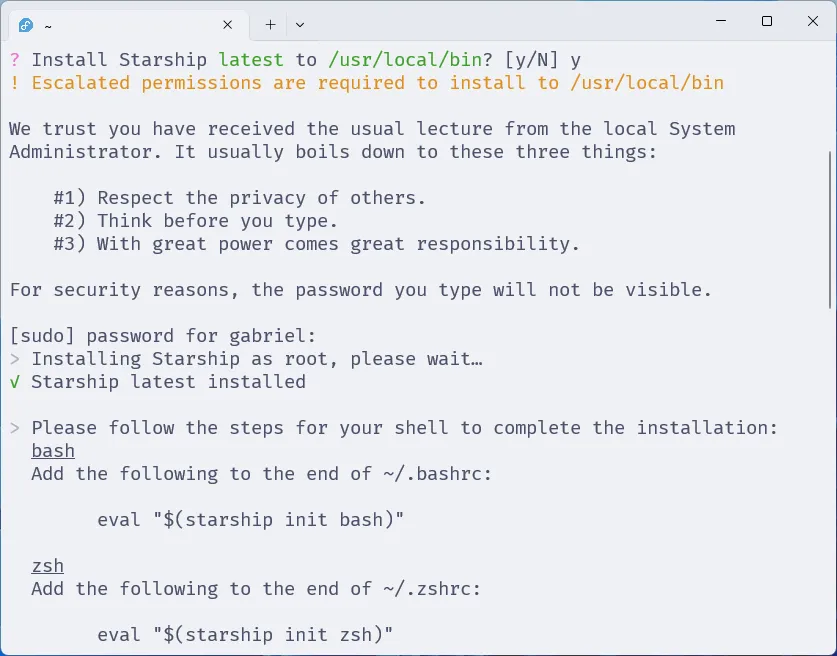 Terminal com o Zsh, em que se exibe a mensagem de sucesso da instalação do Starship.
