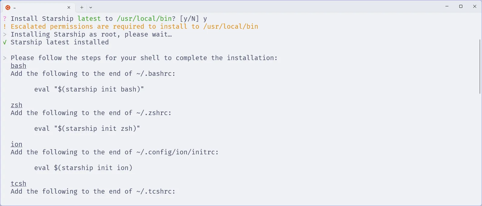 Terminal com o Zsh, em que se exibe a mensagem de sucesso da instalação do Starship.