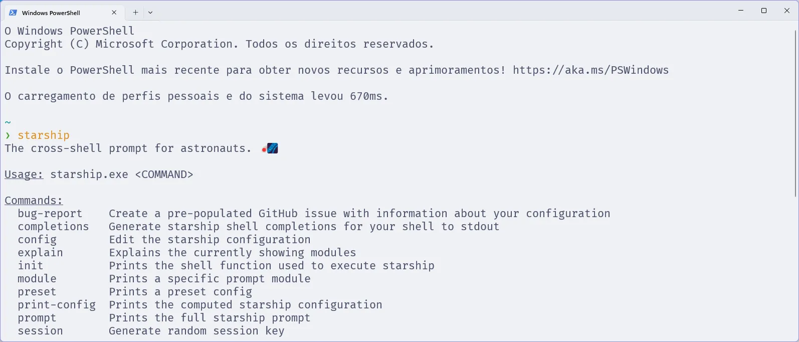 Terminal com o PowerShell, em que se verifica se o Starship foi instalado corretamente.