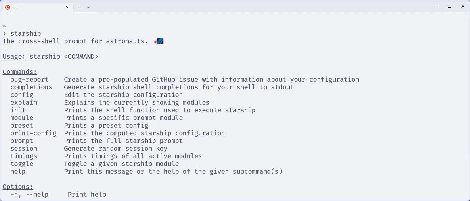 Terminal com o Zsh, em que se verifica se o Starship foi instalado corretamente, exibindo o prompt do Starship.