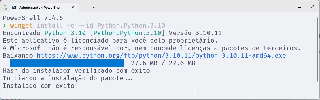 Terminal com o PowerShell, em que se executa o comando para instalar o Python.