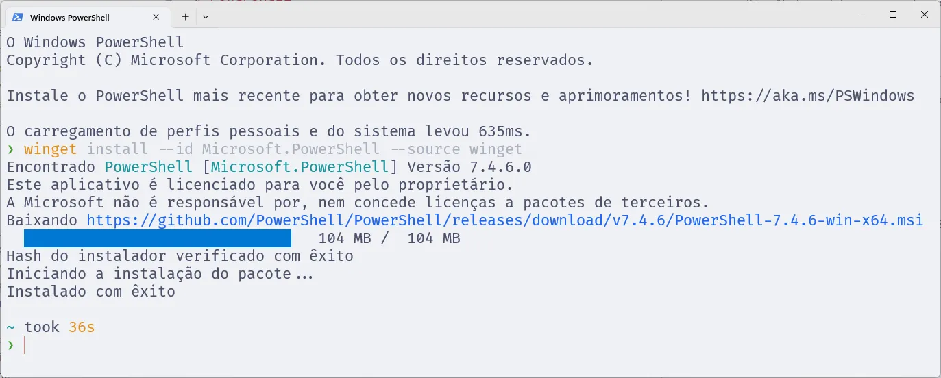 Terminal do PowerShell, em que se executa o comando de instalação supracitado.