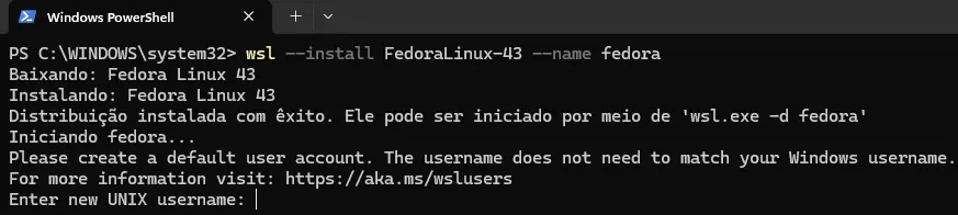Terminal do Powershell, em que são exibidas a mensagens da instalação do WSL. O prompt solicita um nome para a criação de usuário.
