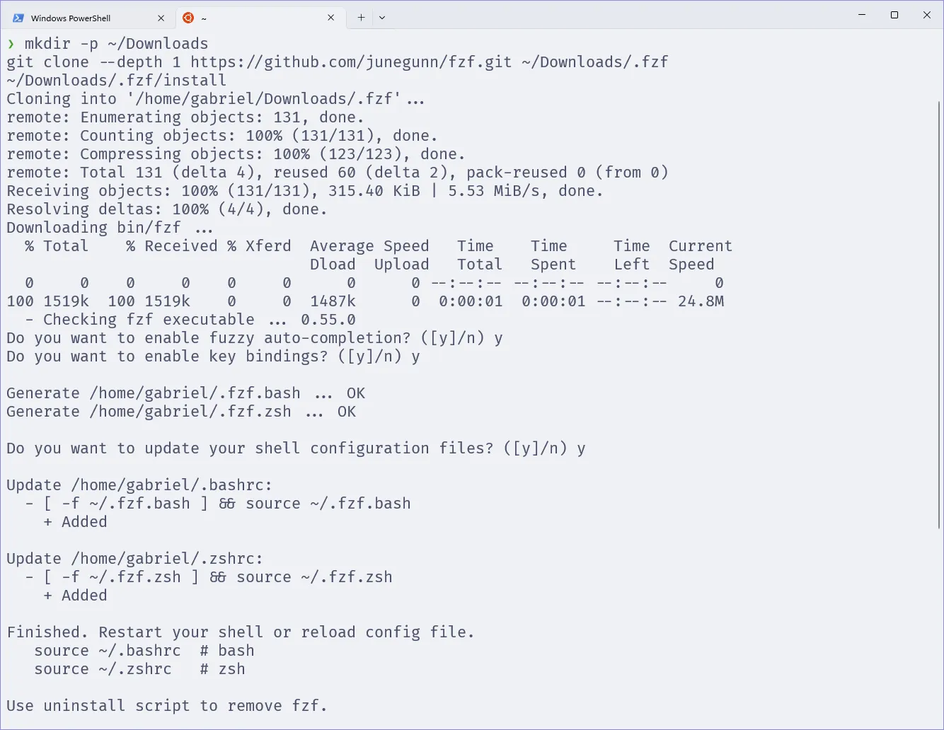 Terminal com o Zsh, em que se executam os comandos para instalar o FZF.