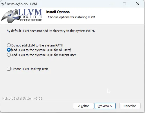 Instalador do LLVM na página "Install Options". São presentadas três opções, sendo selecionada a segunda: "Add LLVM to the system PATH for all users".