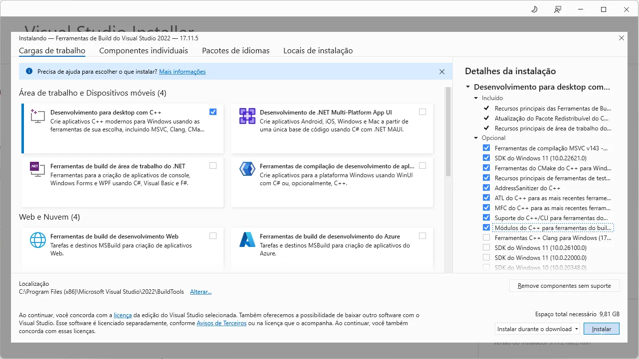 Janela do gerenciador do Visual Studio com as opções de cargas de trabalho selecionadas. Dentre as opções, é selecionada a carga de trabalho "Desenvolvimento para desktop com C++". Na parte direita da tela, selecionam-se as opções supracitadas.