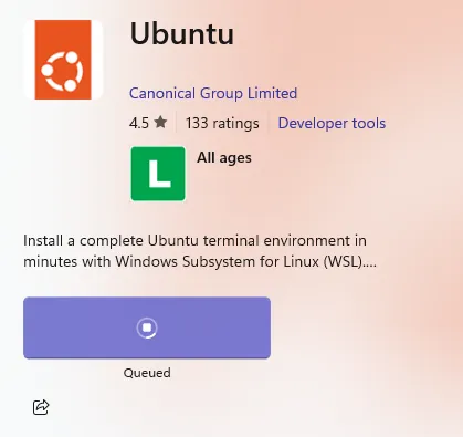 Página no Ubuntu na loja da Microsoft. A instalação está em andamento.