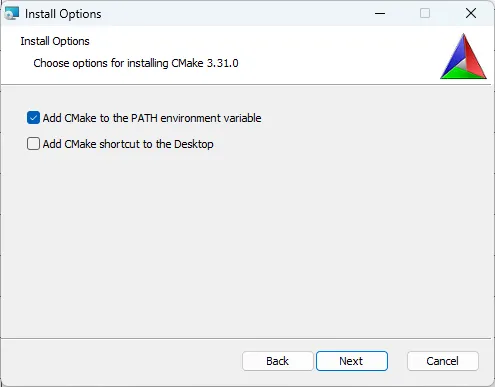 Instalador do CMake no Windows, em que se seleciona a opção "Add CMake to the PATH environment variable".