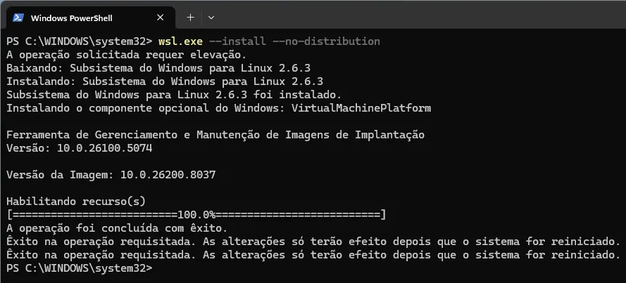 Terminal do PowerShell, em que se executa o comando de instalação do WSL, inicialmente sem instalar alguma distribuição.