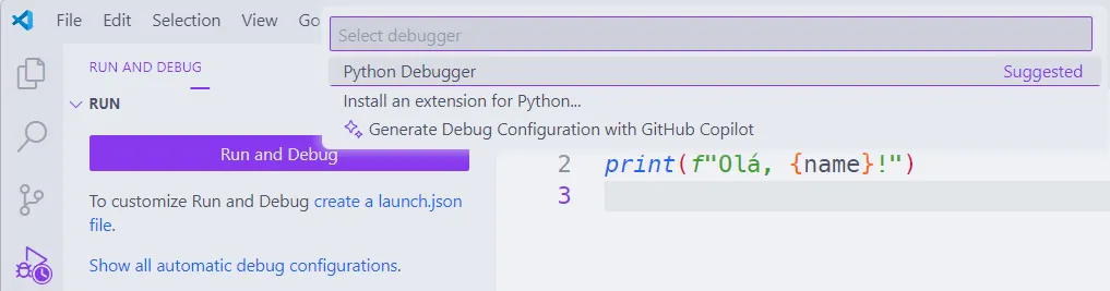 Menu de seleção de depurador no Visual Studio Code, em que se escolhe o "Python Debugger".