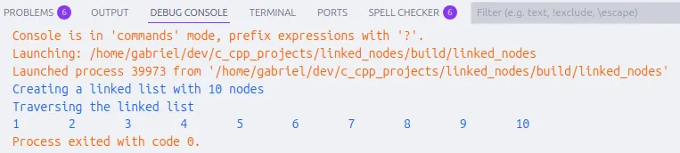 Visual Studio Code com a aba de console de depuração aberta. Nela, está a saída da execução do programa: 1 2 3 4 5 6 7 8 9 10.