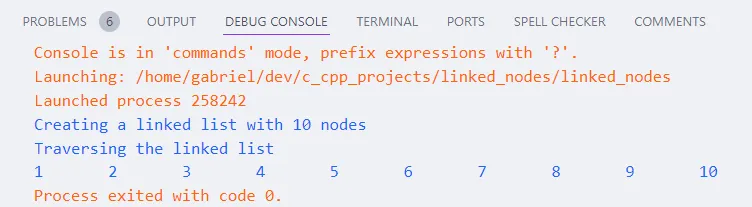 Visual Studio Code com a aba de console de depuração aberta. Nela, está a saída da execução do programa: 1 2 3 4 5 6 7 8 9 10.