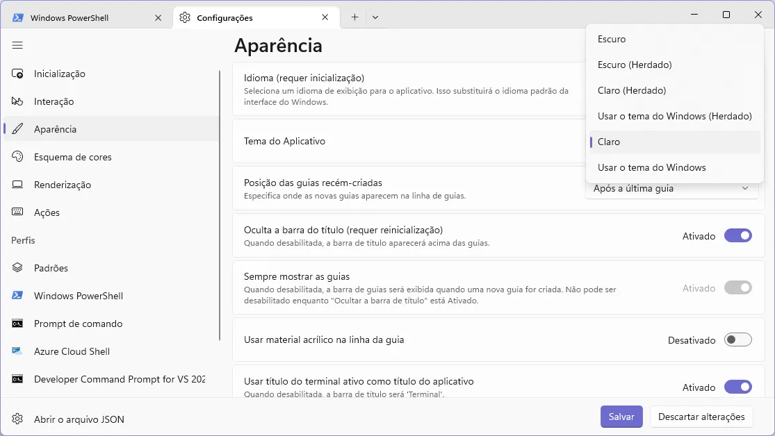 Janela de configurações do Windows Terminal, em que está aberta a tela de aparência, com a opção de tema claro selecionada.