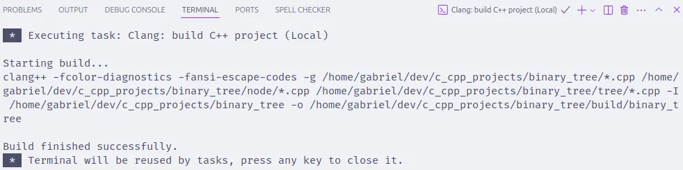 Terminal integrado do Visual Studio Code com a saída da compilação do projeto "binary_tree".