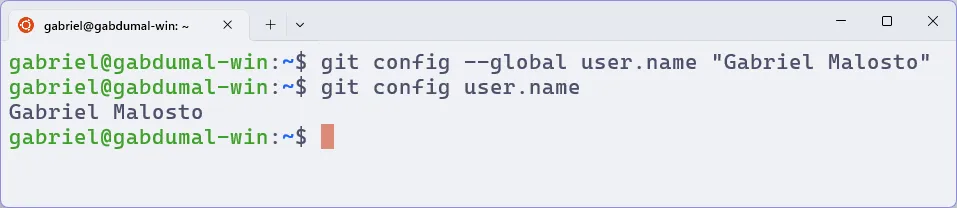 Terminal do WSL, em que se executam os comandos para definir o nome de autoria dos commits.