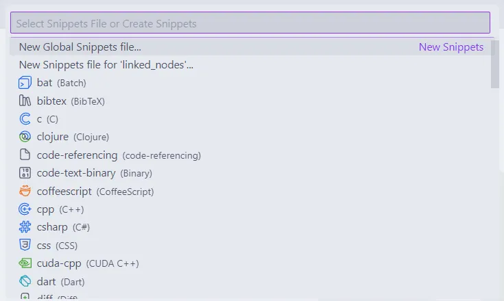 Menu de comandos do Visual Studio Code, em que se seleciona a opção "New Global Snippets file".