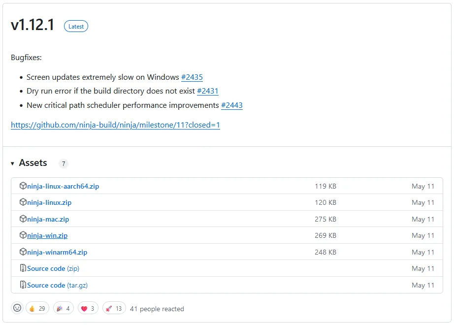 Página de downloads do Ninja pelo GitHub. A versão mais recente para Windows está destacada.