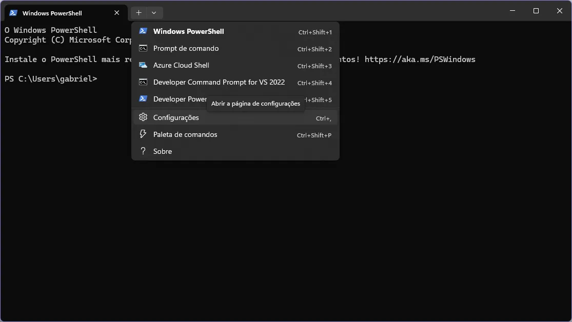 Janela do Windows Terminal, em que foi selecionado o botão de abrir o menu de contexto para abrir um novo perfil ou as configurações.