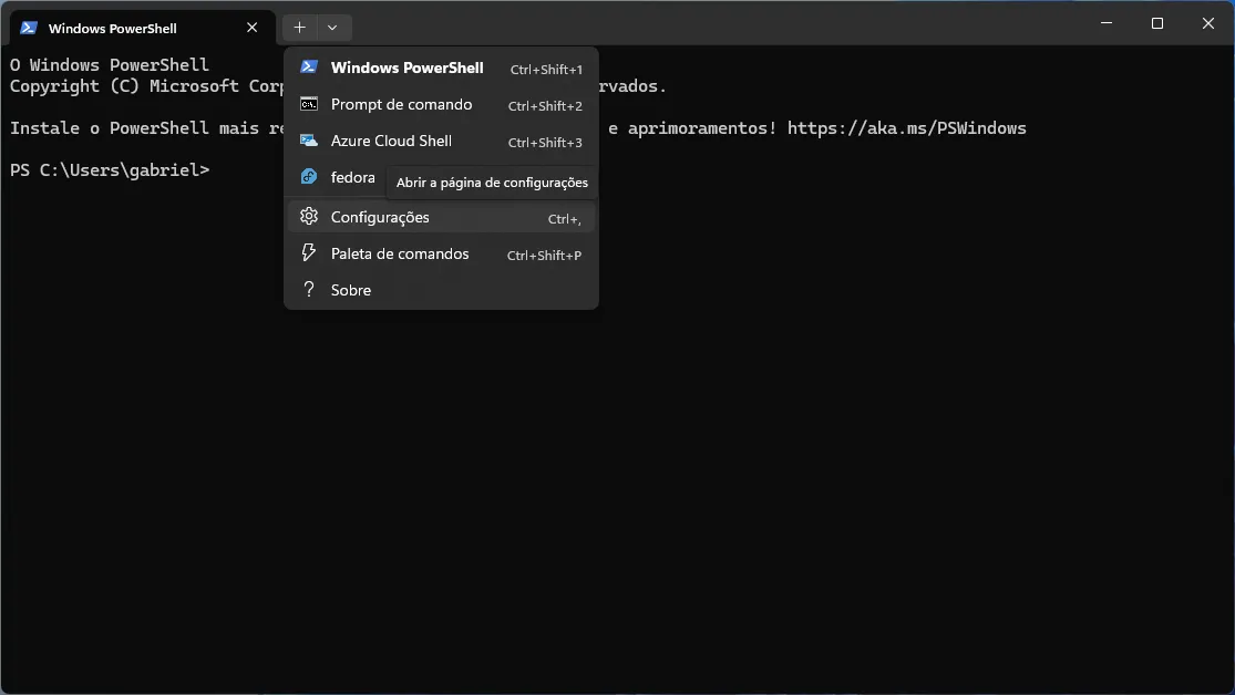 Janela do Windows Terminal, em que foi selecionado o botão de abrir o menu de contexto para abrir um novo perfil ou as configurações.