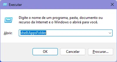 Janela do programa Executar, em que se digita o texto supracitado.