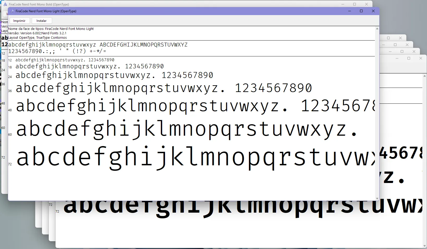 Diversas janelas sobrepostas do instalador de fontes do Windows, cada uma para um dos arquivos abertos.