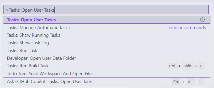 Menu de comandos do Visual Studio Code, em que se pesquisa por "Tasks: Open User Tasks".