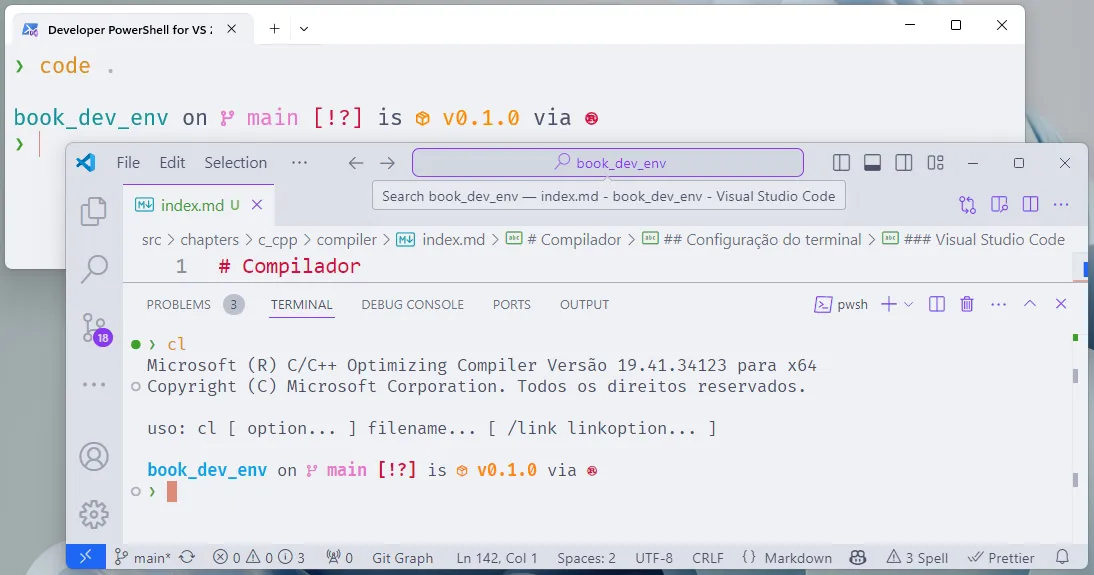 Visual Studio Code aberto por meio do Windows Terminal. O comando "cl" foi executado no terminal integrado.