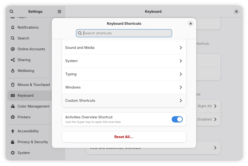 Configurações do GNOME, em que está aberto o menu de atalhos de teclado.