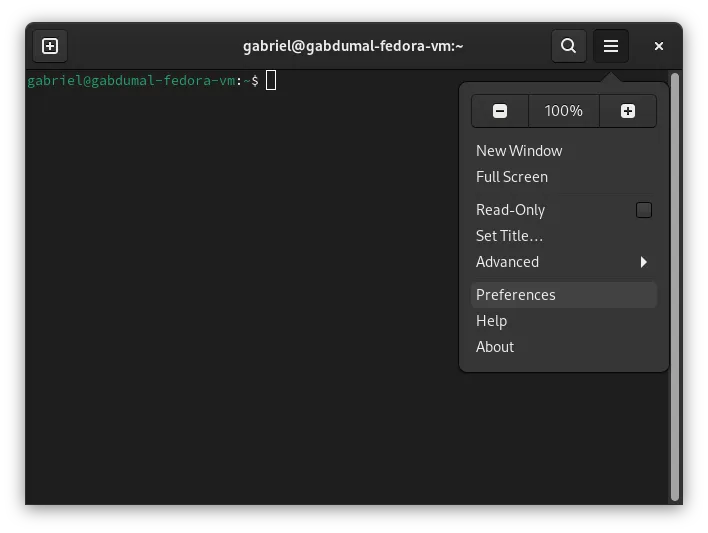 GNOME Terminal, em que se seleciona o botão de menu no canto superior direito.