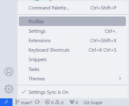 Menu de configuração do Visual Studio Code, em que se seleciona a opção "Profiles".