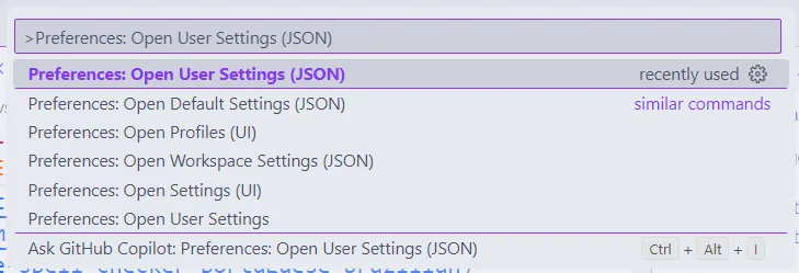 Janela de paleta de comandos do Visual Studio Code, em que se digita 'Preferences: Open User Settings (JSON)'. A primeira opção é selecionada.