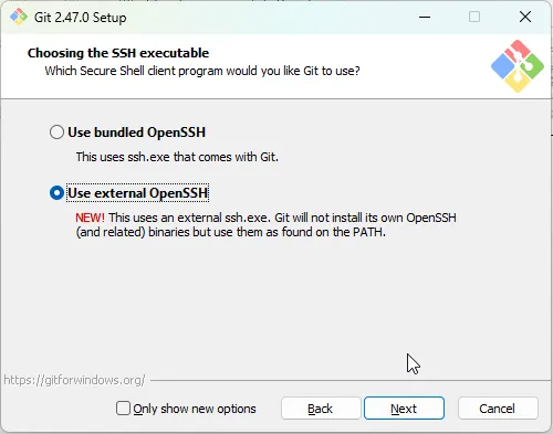 Instalador do Git para Windows, na tela de seleção do executável do OpenSSH, em que se escolhe a segunda opção, com o texto supracitado.