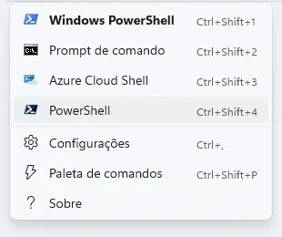 Menu de perfis do Windows Terminal, em que estão disponíveis os seguintes: "Windows PowerShell", "Prompt de Comando", "Azure Cloud Shell", "PowerShell".