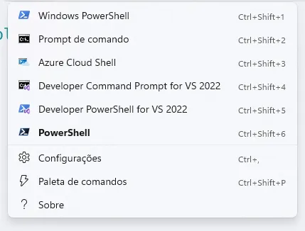 Menu de perfis do Windows Terminal. São eles: "Windows PowerShell", "Prompt de Comando", "Azure Cloud Shell", "Developer Command Prompt for VS 2022" e "Developer PowerShell for VS 2022", "PowerShell".