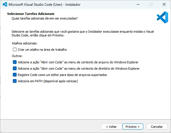 Instalação do Visual Studio Code, em que se selecionam todas as opções na seção Outros.