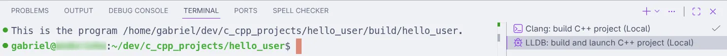 Aba "Terminal" do Visual Studio Code, em que o programa "hello_user" é executado. Ele exibe no console o seguinte texto: "This is the program /home/gabriel/dev/c_cpp_projects/hello_user/build/hello_user.".